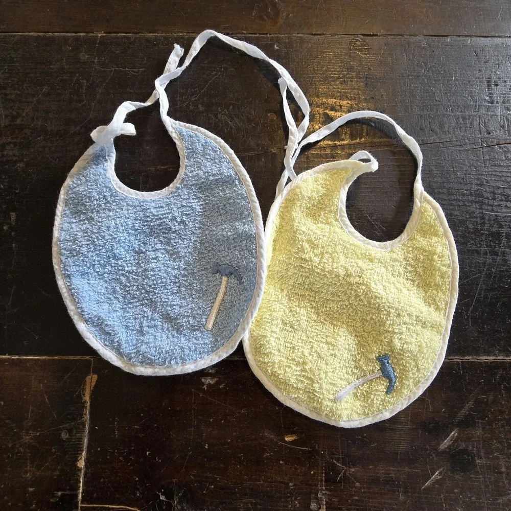 Vintage 80s PAIR Baby Bibs Terry Cloth Front Plastic Back Hammer Embroidery Ties